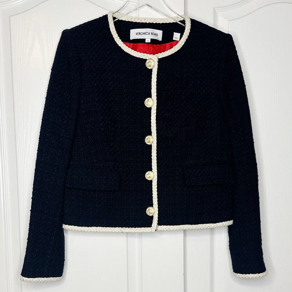 Veronica Beard Mabel Tweed Jacket Blazer Navy Ivory Trim Size 12 - Picture 5 of 16